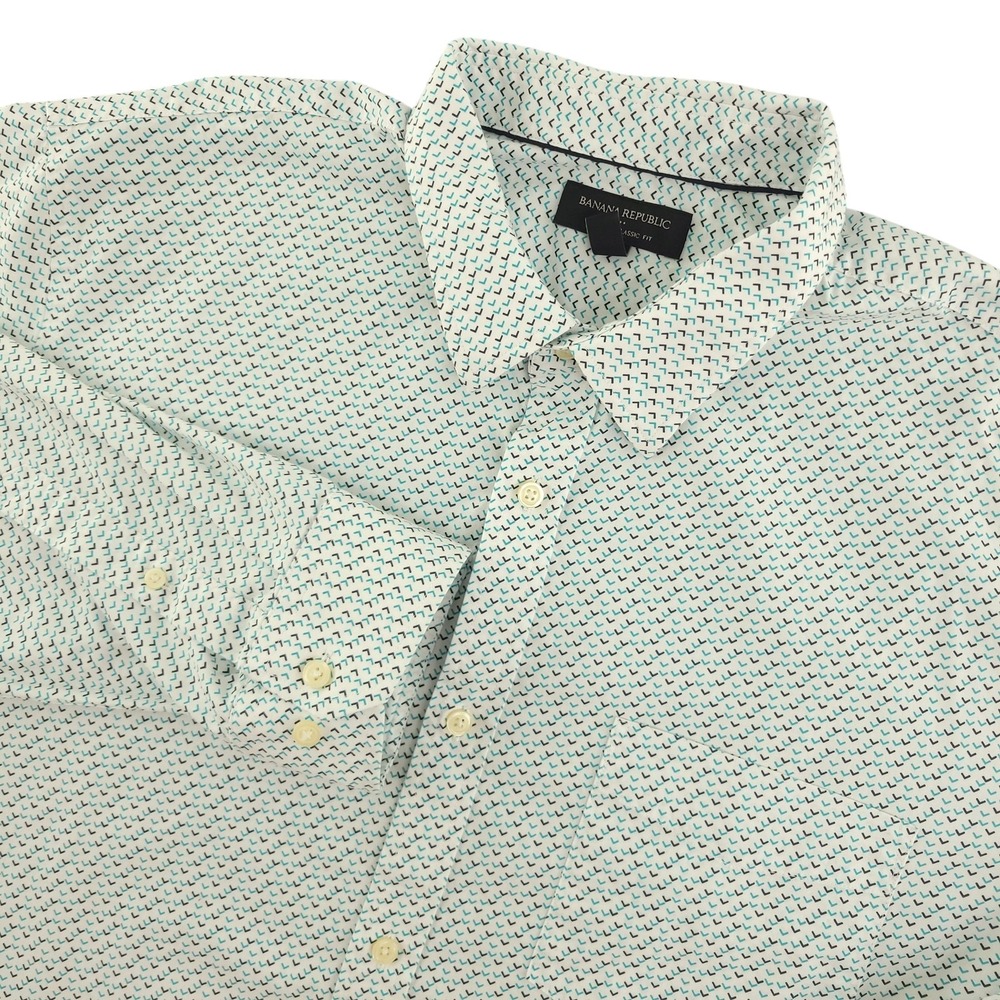Banana Republic Dress Shirt Mens 18.5 36/37 White Geometric Classic Fit Non Iron